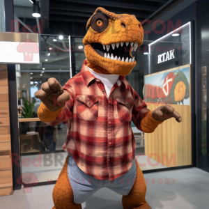 Rust T Rex mascot costume character dressed with a Flannel Shirt and Reading glasses