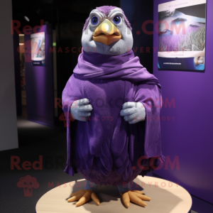 Purple Quail mascot costume character dressed with a Cover-up and Cummerbunds