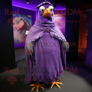 Purple Quail mascot costume character dressed with a Cover-up and Cummerbunds