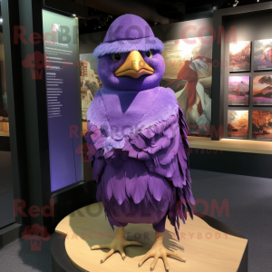Purple Quail mascot costume character dressed with a Cover-up and Cummerbunds