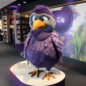 Purple Quail mascot costume character dressed with a Cover-up and Cummerbunds