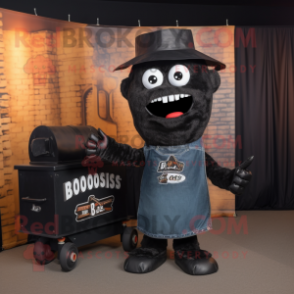 Black Bbq Ribs mascot costume character dressed with a Jeans and Shawl pins