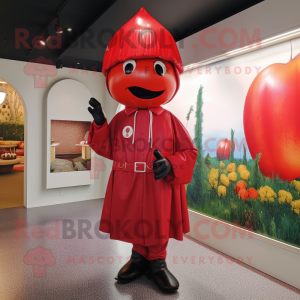 Red Plum mascot costume character dressed with a Windbreaker and Berets