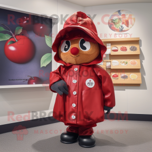 Red Plum mascot costume character dressed with a Windbreaker and Berets