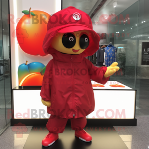 Red Plum mascot costume character dressed with a Windbreaker and Berets