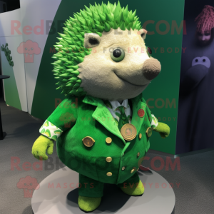 Green Hedgehog mascot costume character dressed with a Dress and Lapel pins