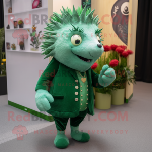 Green Hedgehog mascot costume character dressed with a Dress and Lapel pins