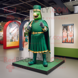 Green Swiss Guard mascot costume character dressed with a Dungarees and Shoe clips