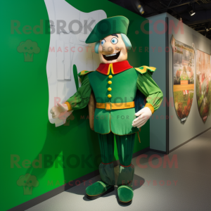 Green Swiss Guard mascot costume character dressed with a Dungarees and Shoe clips