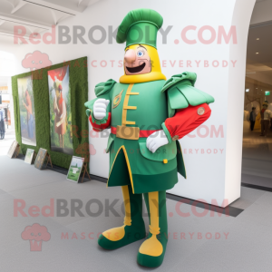 Green Swiss Guard mascot costume character dressed with a Dungarees and Shoe clips