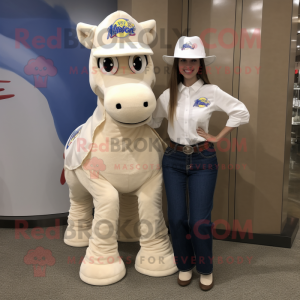 Cream Mare mascot costume character dressed with a Mom Jeans and Caps