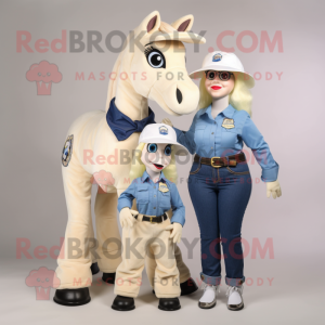 Cream Mare mascot costume character dressed with a Mom Jeans and Caps