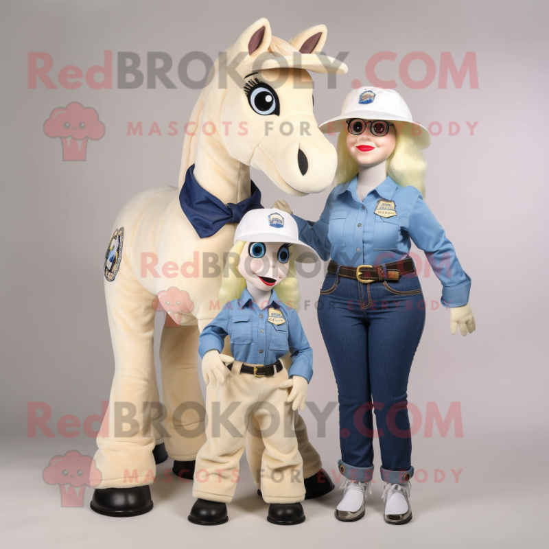 Cream Mare mascot costume character dressed with a Mom Jeans and Caps Cream Mare mascot costume character dressed with a Mom Jeans and Caps