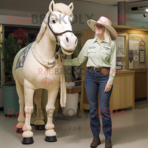 Cream Mare mascot costume character dressed with a Mom Jeans and Caps