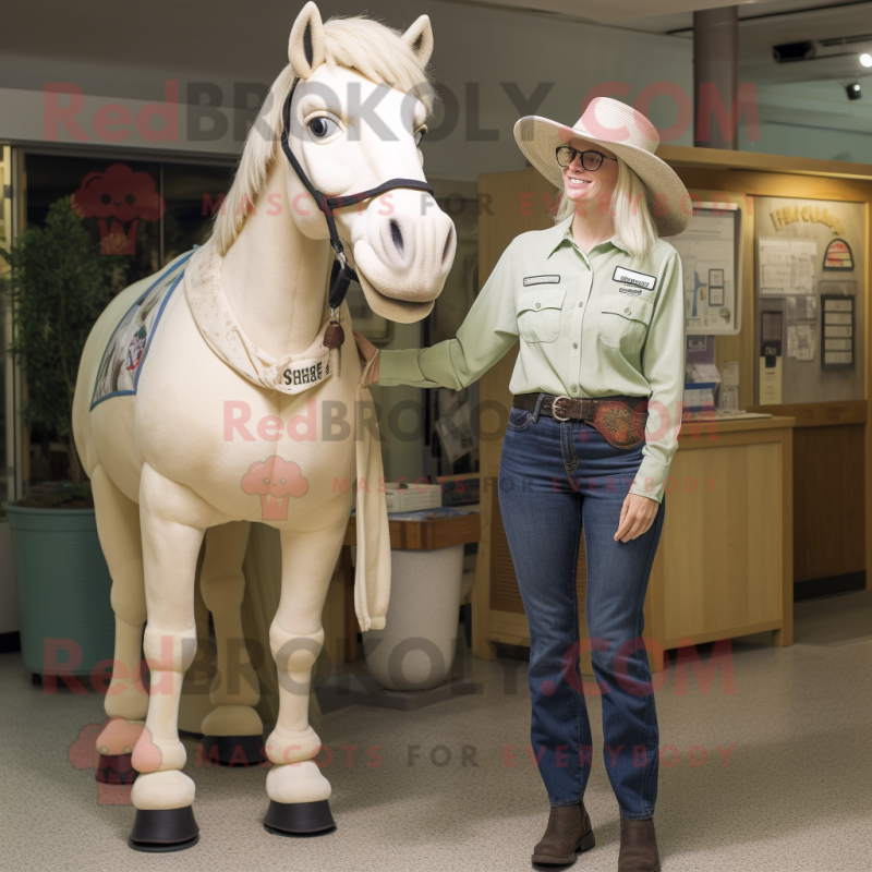 Cream Mare mascot costume character dressed with a Mom Jeans and Caps Cream Mare mascot costume character dressed with a Mom Jeans and Caps