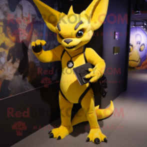 Yellow Gargoyle mascot costume character dressed with a Leggings and Messenger bags