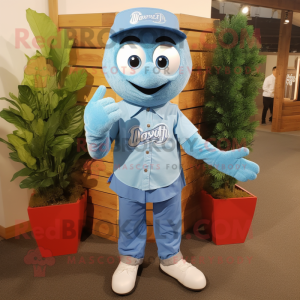 Sky Blue Wrist Watch mascot costume character dressed with a Chambray Shirt and Cummerbunds