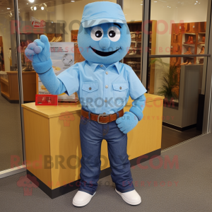 Sky Blue Wrist Watch mascot costume character dressed with a Chambray Shirt and Cummerbunds