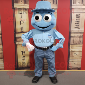 Sky Blue Wrist Watch mascot costume character dressed with a Chambray Shirt and Cummerbunds