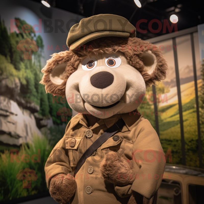 Brown Merino Sheep mascot costume character dressed with a Waistcoat and Berets Brown Merino Sheep mascot costume character dressed with a Waistcoat and Berets
