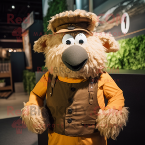 Brown Merino Sheep mascot costume character dressed with a Waistcoat and Berets