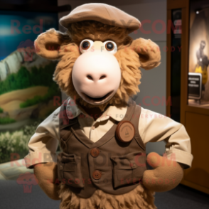 Brown Merino Sheep mascot costume character dressed with a Waistcoat and Berets