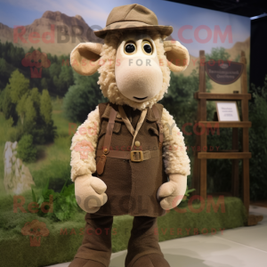 Brown Merino Sheep mascot costume character dressed with a Waistcoat and Berets