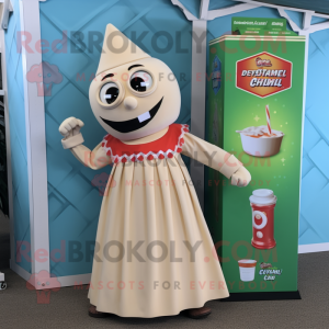 Cream Soda Can mascot costume character dressed with a Maxi Dress and Anklets