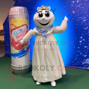 Cream Soda Can mascot costume character dressed with a Maxi Dress and Anklets