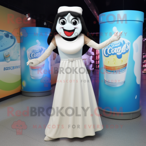 Cream Soda Can mascot costume character dressed with a Maxi Dress and Anklets