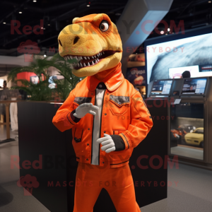 Orange Allosaurus mascot costume character dressed with a Bomber Jacket and Clutch bags