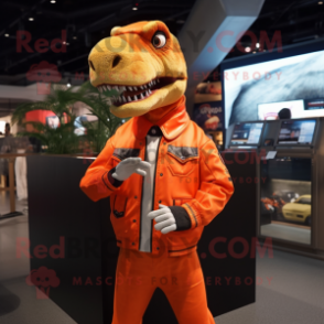 Orange Allosaurus mascot costume character dressed with a Bomber Jacket and Clutch bags