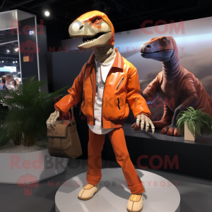 Orange Allosaurus mascot costume character dressed with a Bomber Jacket and Clutch bags