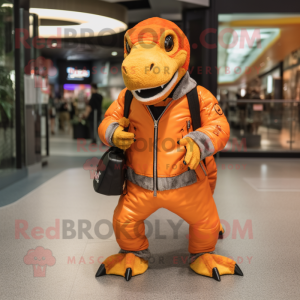 Orange Allosaurus mascot costume character dressed with a Bomber Jacket and Clutch bags