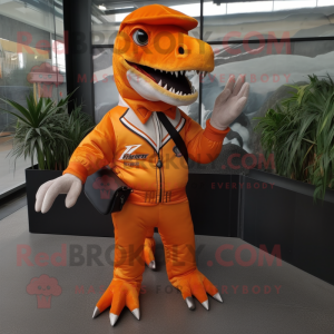 Orange Allosaurus mascot costume character dressed with a Bomber Jacket and Clutch bags