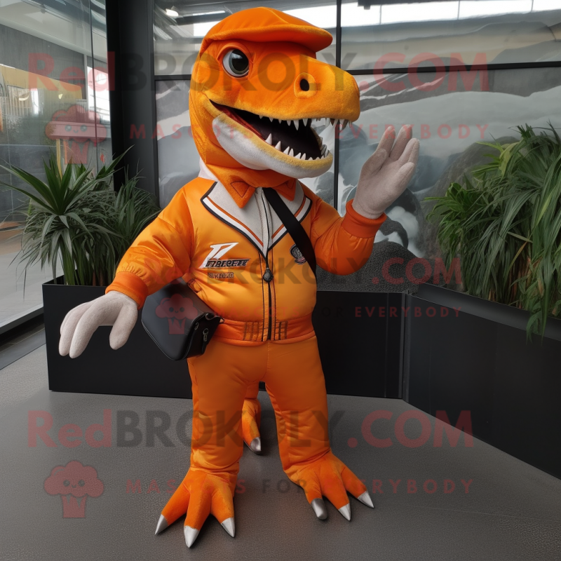 Orange Allosaurus mascot costume character dressed with a Bomber Jacket and Clutch bags