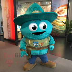 Turquoise Tacos mascot costume character dressed with a Cargo Pants and Lapel pins