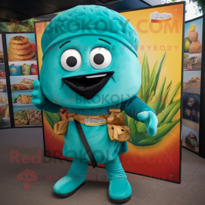 Turquoise Tacos mascot costume character dressed with a Cargo Pants and Lapel pins