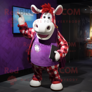 Magenta Cow mascot costume character dressed with a Flannel Shirt and Wraps