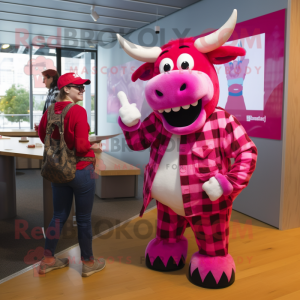 Magenta Cow mascot costume character dressed with a Flannel Shirt and Wraps