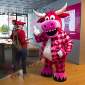 Magenta Cow mascot costume character dressed with a Flannel Shirt and Wraps