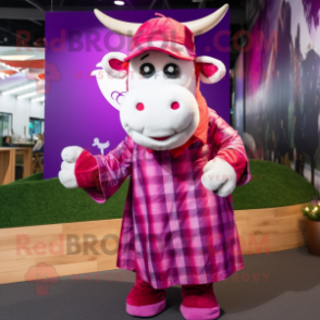 Magenta Cow mascot costume character dressed with a Flannel Shirt and Wraps