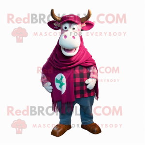 Magenta Cow mascot costume character dressed with a Flannel Shirt and Wraps