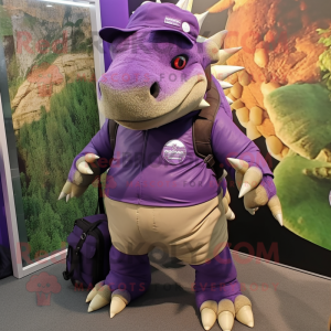 Purple Ankylosaurus mascot costume character dressed with a Cargo Shorts and Caps