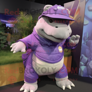 Purple Ankylosaurus mascot costume character dressed with a Cargo Shorts and Caps