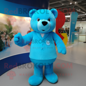 Cyan Teddy Bear mascot costume character dressed with a Dress and Lapel pins
