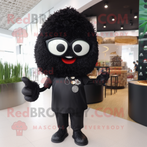 Black Fried Rice mascot costume character dressed with a Playsuit and Sunglasses