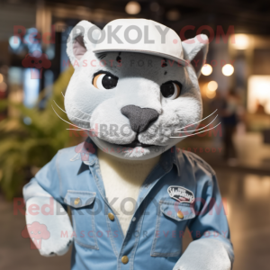 White Jaguarundi mascot costume character dressed with a Denim Shirt and Hat pins