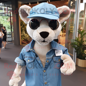 White Jaguarundi mascot costume character dressed with a Denim Shirt and Hat pins