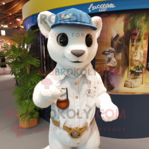 White Jaguarundi mascot costume character dressed with a Denim Shirt and Hat pins